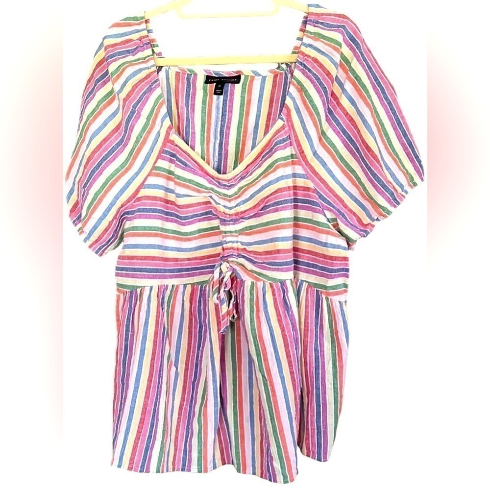 LANE BRYANT Multi Stripe Crinkle Cotton Top w/Cinched Tie Front, Sz 22, GUC.